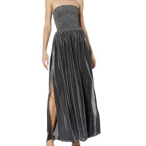 NWT RAMY BROOK Black Sparkle Strapless Smock Top Side Slit Maxi Dress Size Large